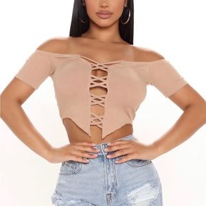 Beige Off Shoulder Crop Top